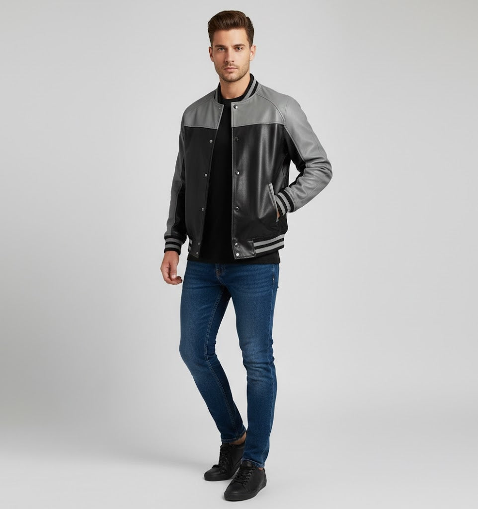 Grey & Black  Leather Varsity Jacket