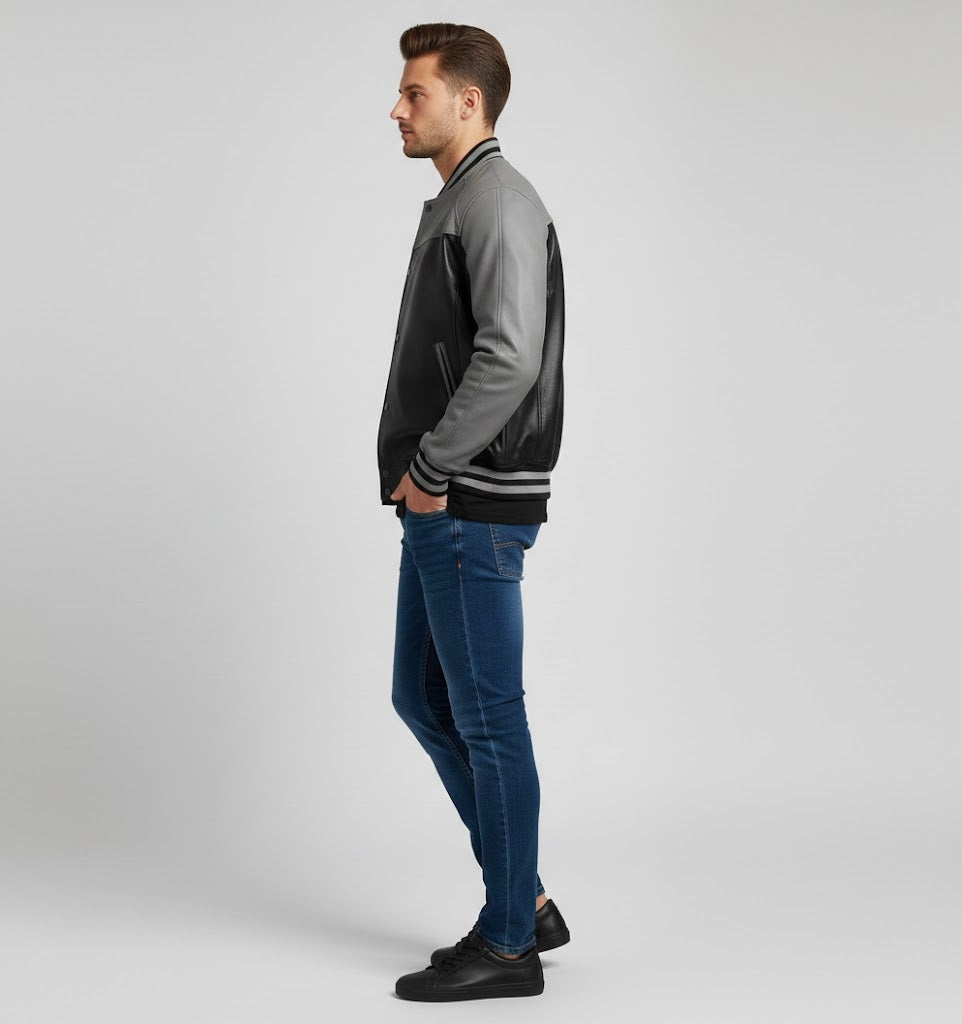 Grey & Black  Leather Varsity Jacket