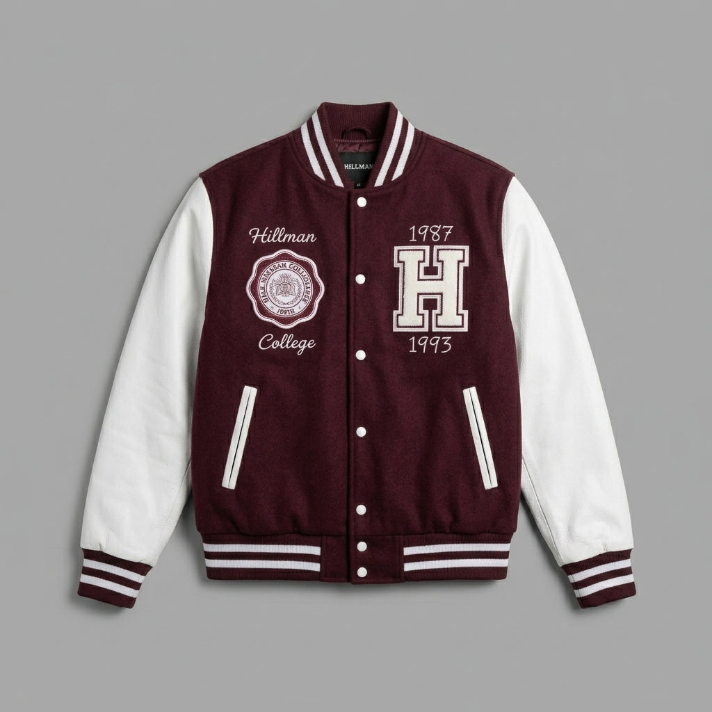 Men’s Custom College Letterman Jacket – Maroon & White Varsity