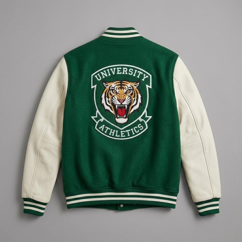 Men’s Green Varsity Jacket – Classic Logo & Athletic Patch Bomber