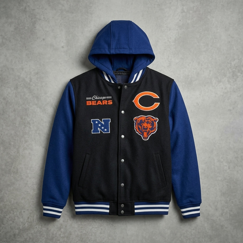 Men’s Navy & Black Hooded Varsity Jacket – Fleece Letterman Bomber