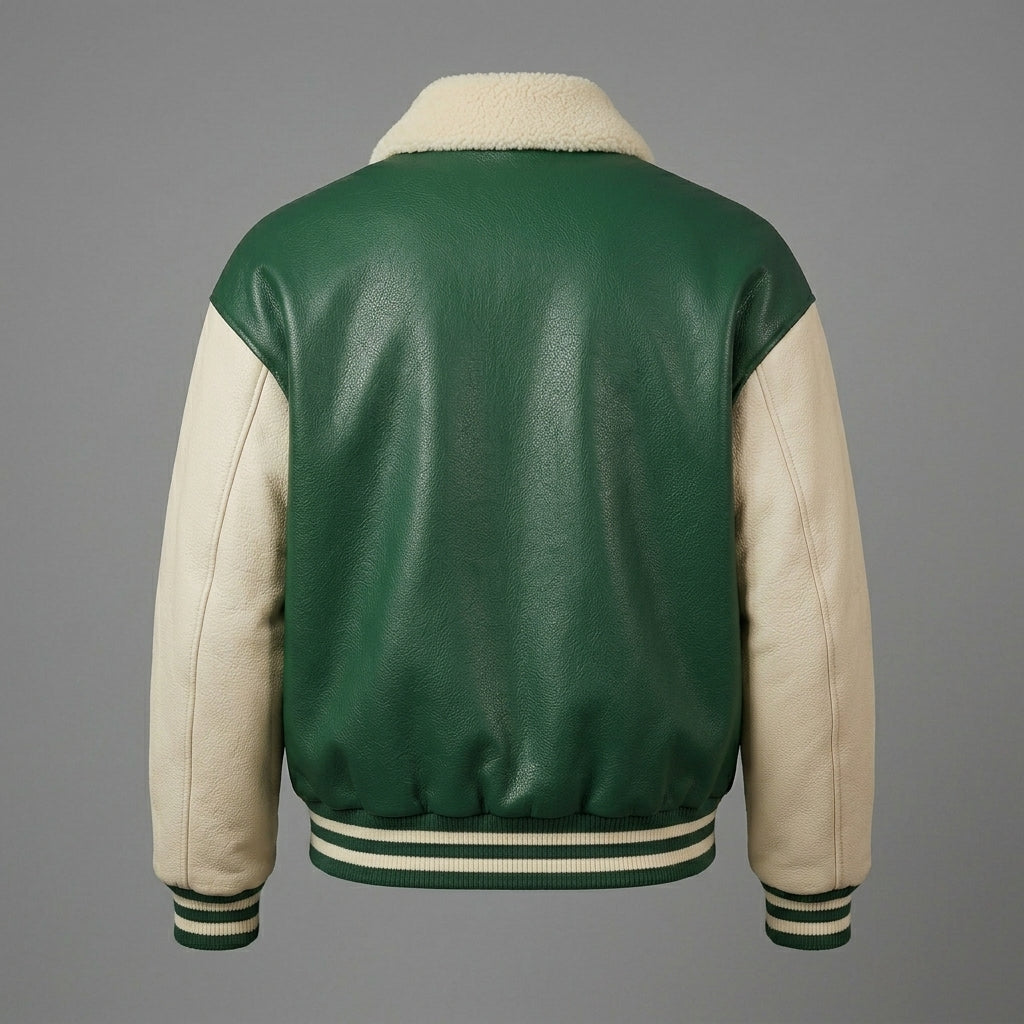 Men’s Green Varsity Jacket – Faux Fur Collar & Cream Sleeve Letterman