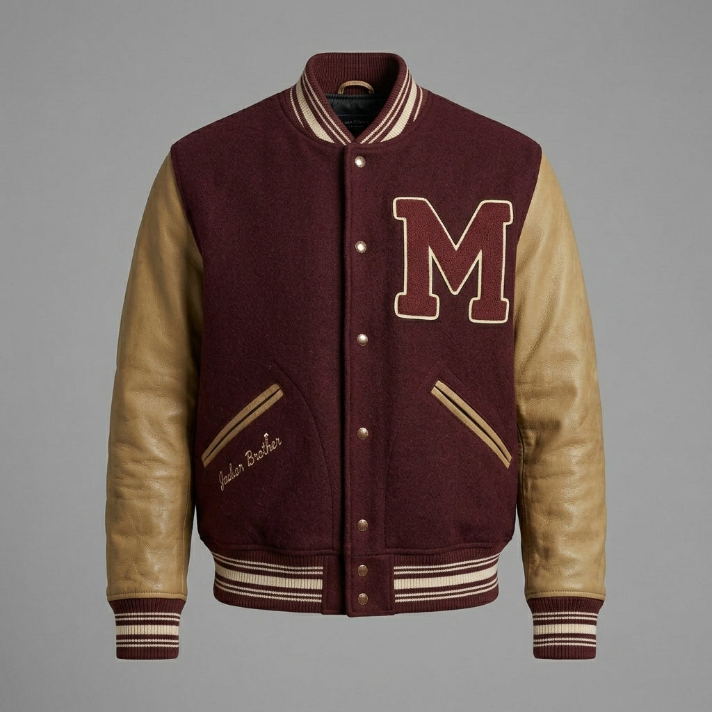 Men’s Maroon Wool Varsity Jacket – Leather Sleeve Letterman Bomber