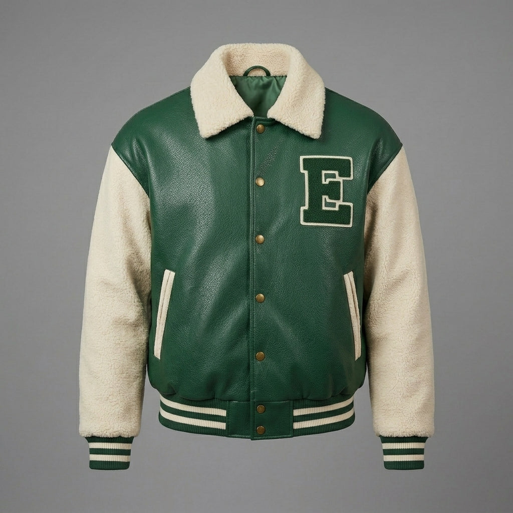 Men’s Green Varsity Jacket – Faux Fur Collar & Cream Sleeve Letterman