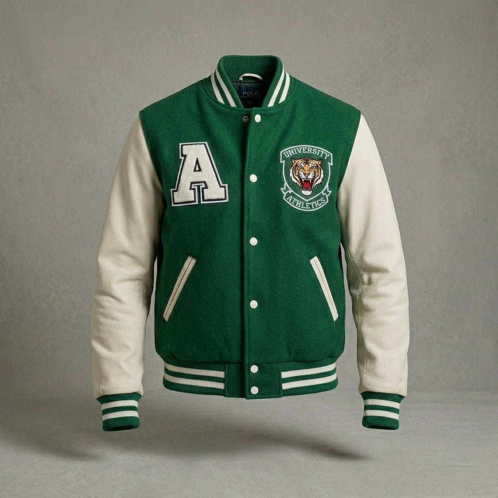Men’s Green Varsity Jacket – Classic Logo & Athletic Patch Bomber