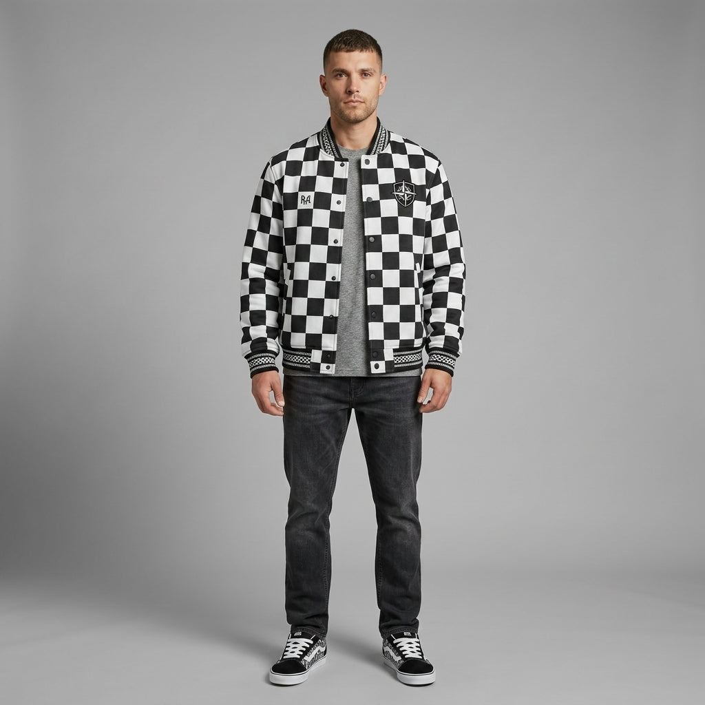 Men’s Black & White Varsity Jacket – Retro Letterman Streetwear Style