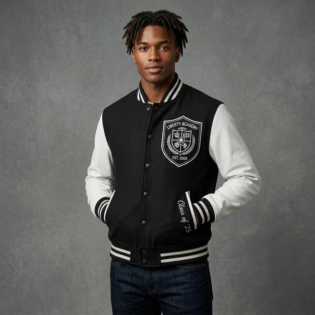 Men’s Black & White Patchwork Varsity Jacket