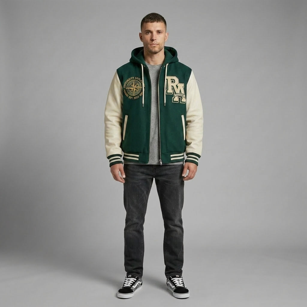 Men’s Hooded Varsity Jacket – Casual Letterman Streetwear Style