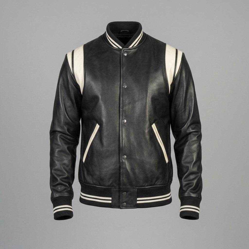 Men’s Black Leather Letterman Jacket – Classic Varsity Bomber