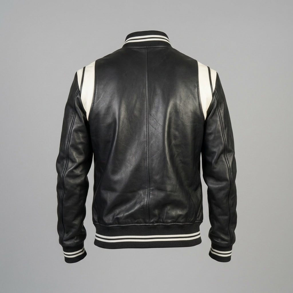 Men’s Black Leather Letterman Jacket – Classic Varsity Bomber