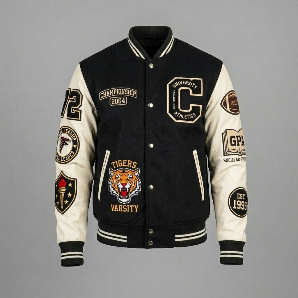 Men’s Black & White Varsity Jacket – Classic Hybrid Letterman