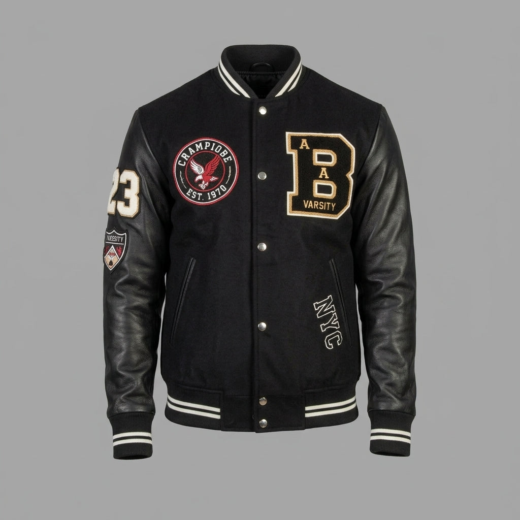 Men’s Black Striped Varsity Jacket – Classic Hybrid Bomber