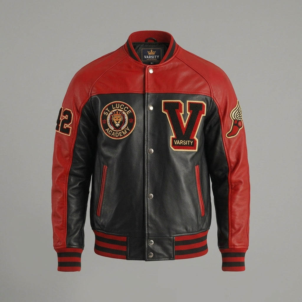 Men’s Red & Black Classic Letterman Jacket – Varsity Bomber