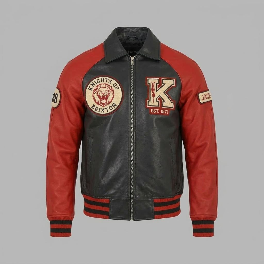 Men’s Red & Black Patchwork Letterman Jacket – Classic Varsity Bomber