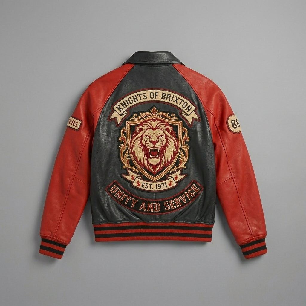 Men’s Red & Black Patchwork Letterman Jacket – Classic Varsity Bomber