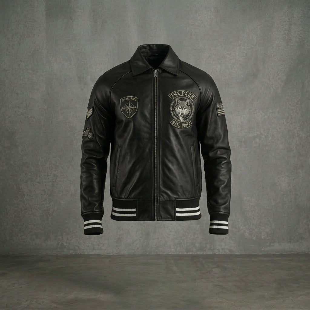 Men’s Black Leather Varsity Jacket – Classic Letterman Bomber