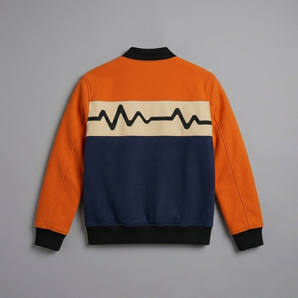 Men’s Navy Blue & Orange Varsity Jacket – Retro MAX Logo Leather Style