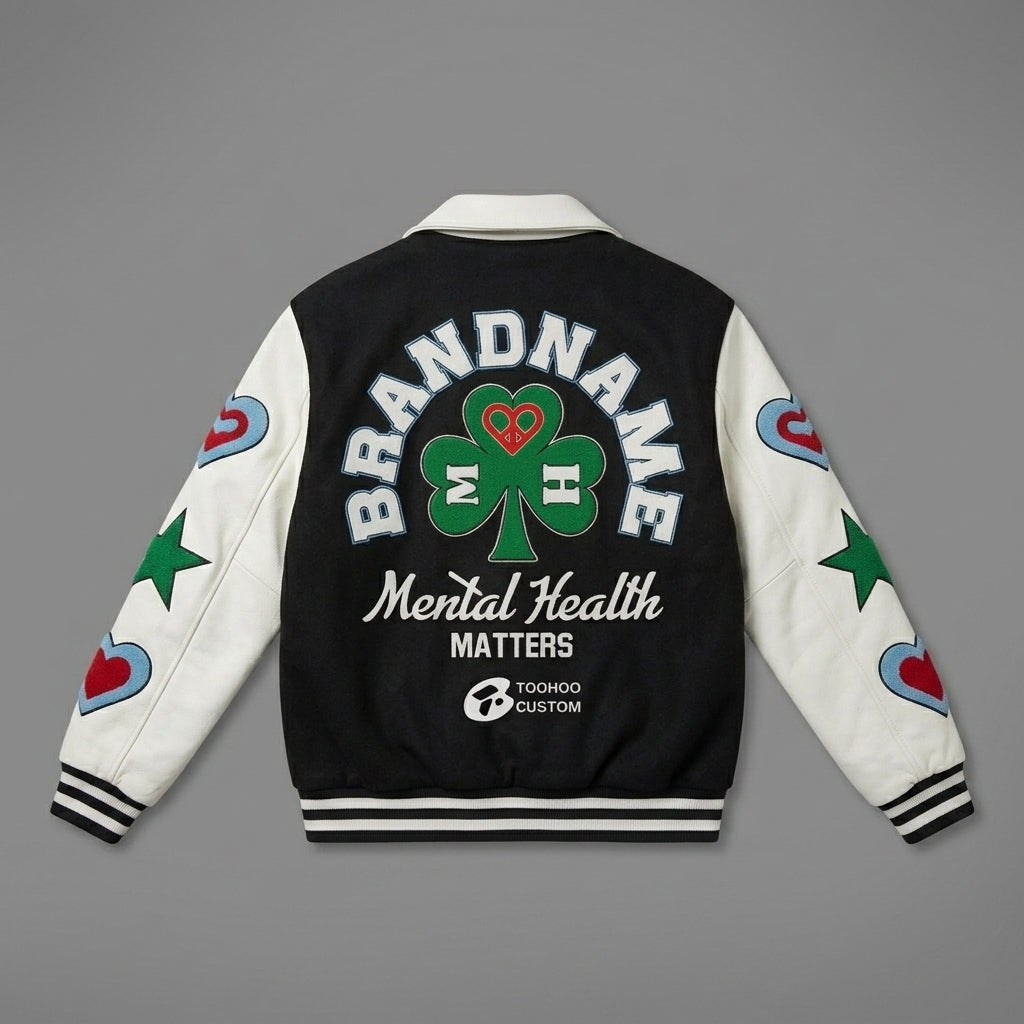 Men’s Black & White Varsity Jacket – Retro Patchwork Leather Style