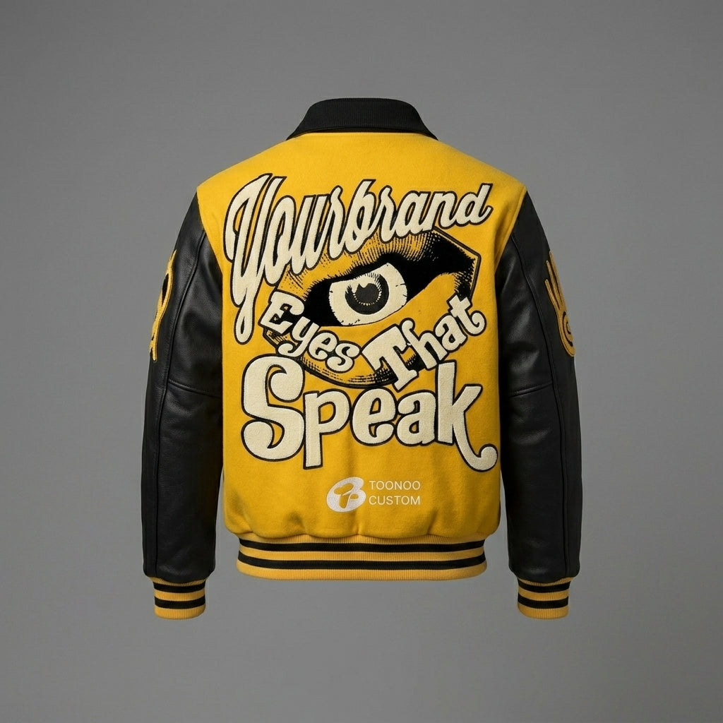 Men’s Yellow & Black Varsity Jacket – Retro Patchwork Leather Letterman