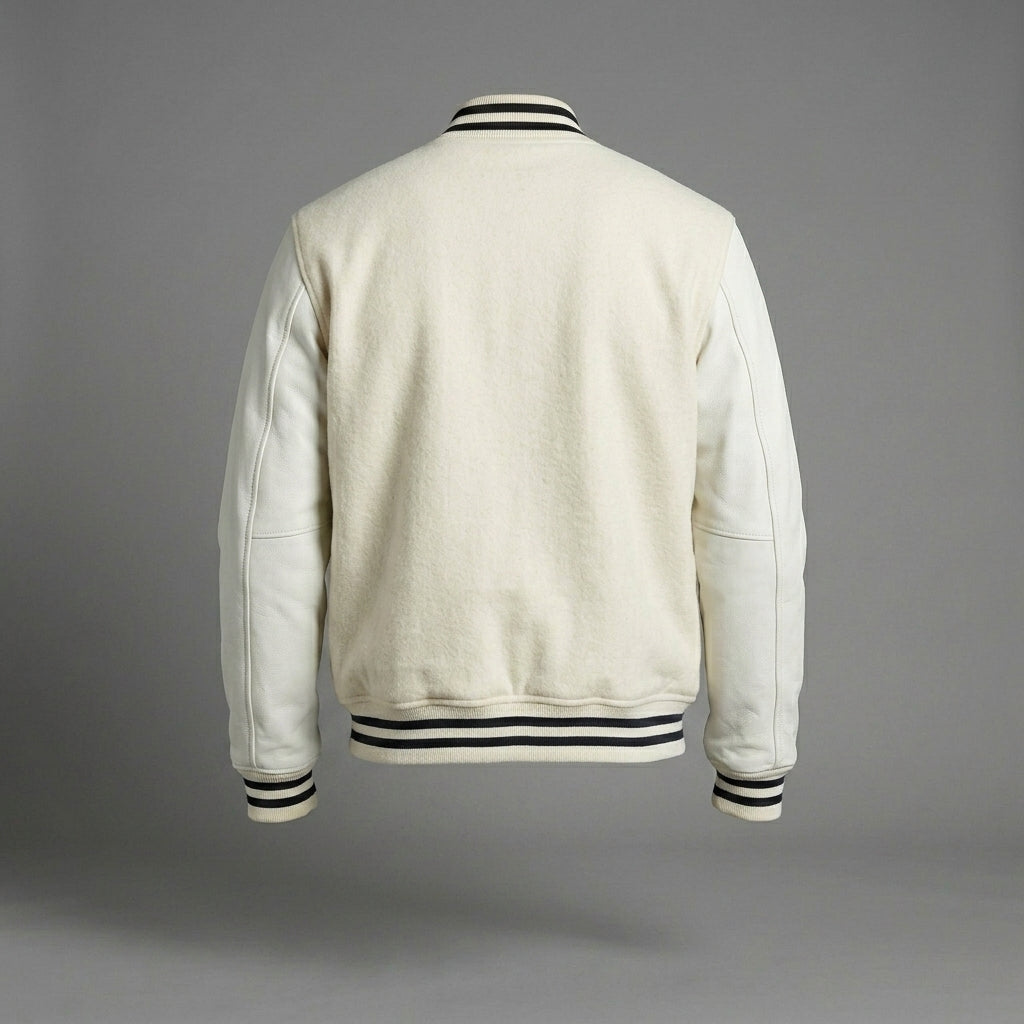 Men’s White Wool Varsity Jacket – Vintage Letterman with Leather Sleeves