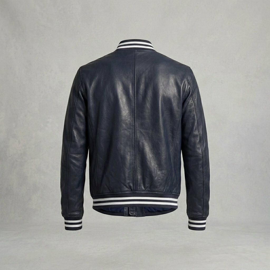 Men’s Slim Fit Blue Leather Varsity Jacket – Streetwear Letterman Style