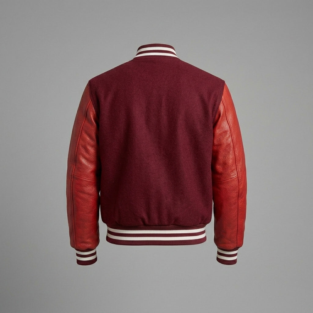 Men’s Maroon Wool Varsity Jacket – Slim Fit Leather Sleeves Baseball Letterman