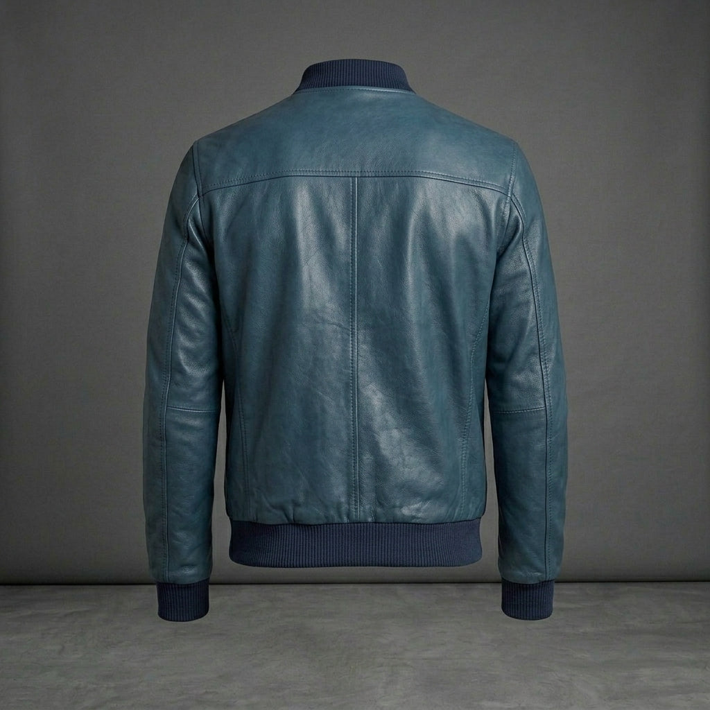 Men’s Navy Waxed Leather Bomber Jacket – Slim Fit Streetwear Style