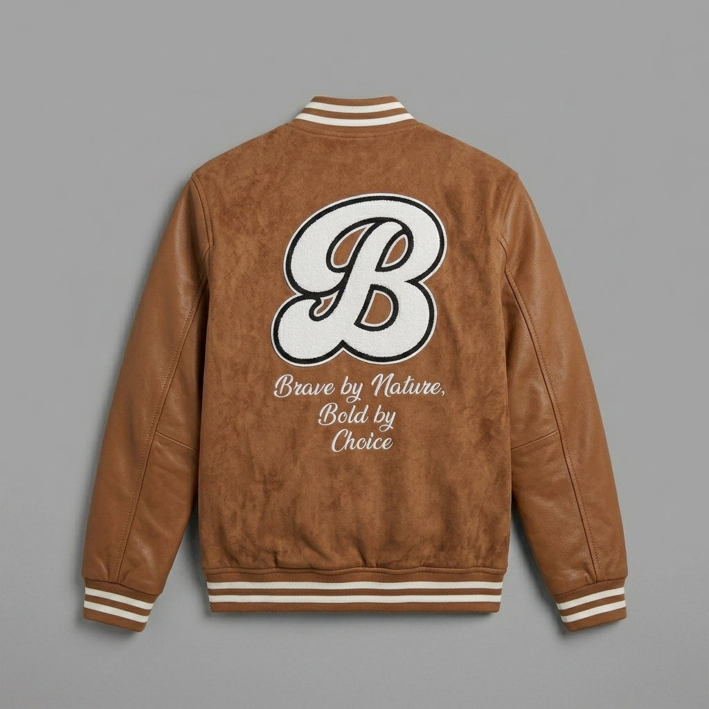 Men’s Slim Fit Brown Varsity Jacket – Patchwork Retro Letterman Style