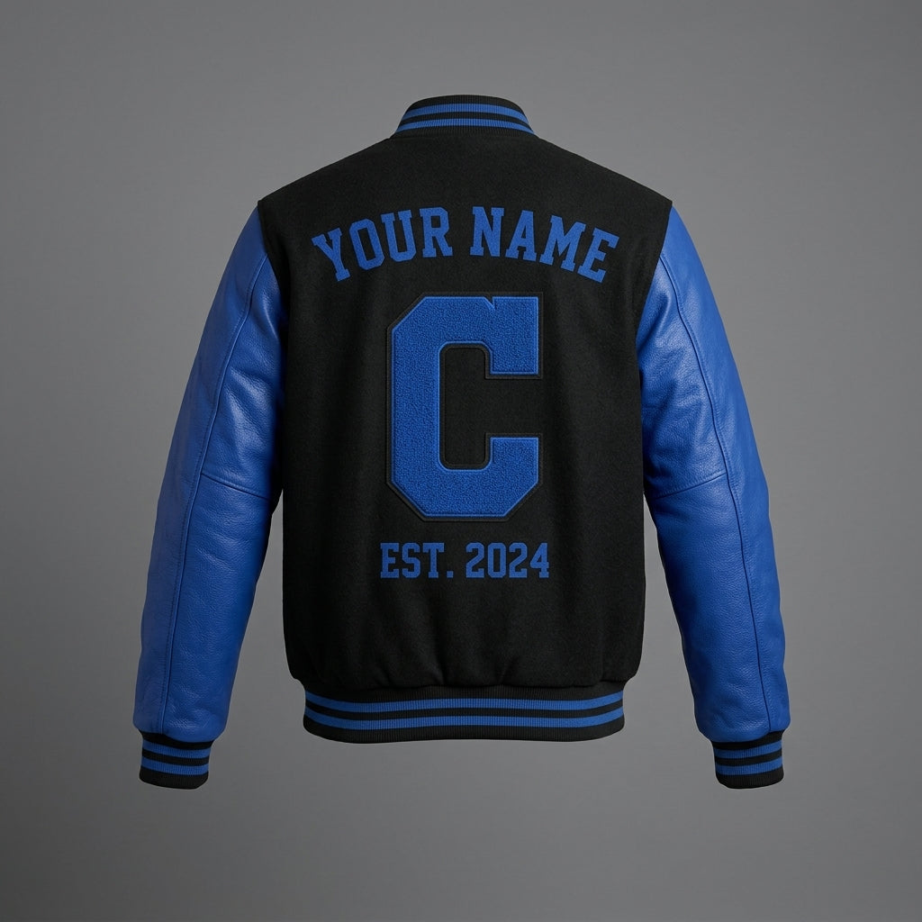 Men’s Blue & Black Varsity Jacket – Classic Letterman Bomber
