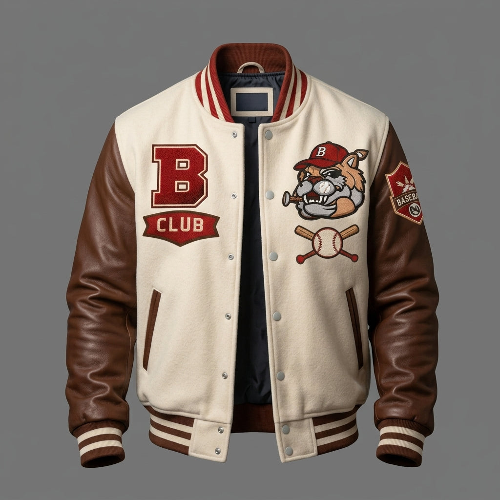 Men’s Cream Varsity Jacket – Wool & Leather Baseball Letterman