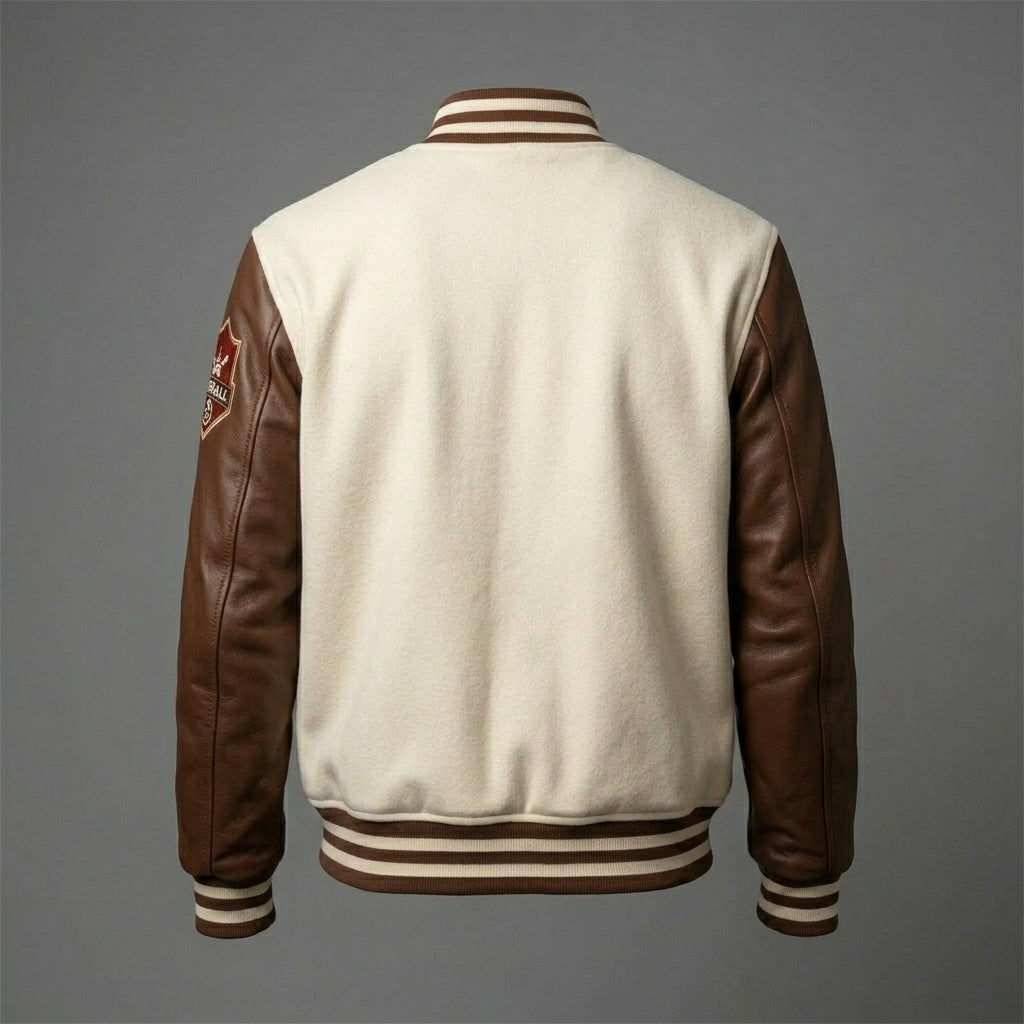 Men’s Cream Varsity Jacket – Wool & Leather Baseball Letterman