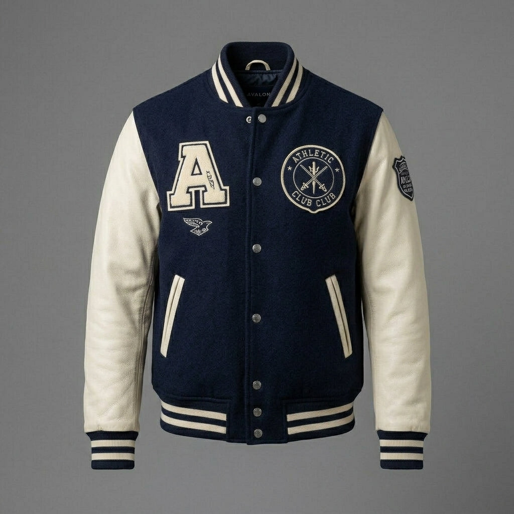 Men’s Royal Blue Wool Varsity Jacket – Faux Leather Sleeves & Custom Logos