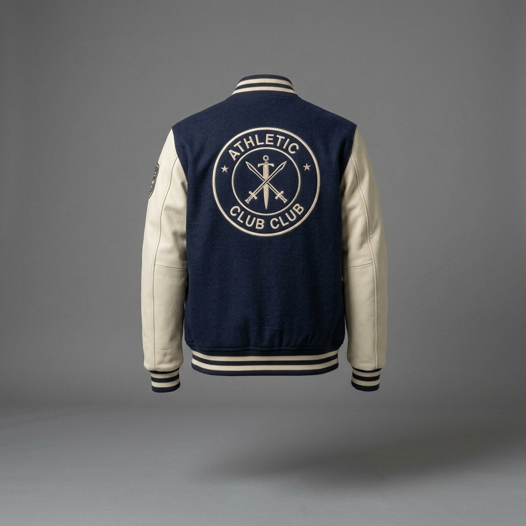 Men’s Royal Blue Wool Varsity Jacket – Faux Leather Sleeves & Custom Logos