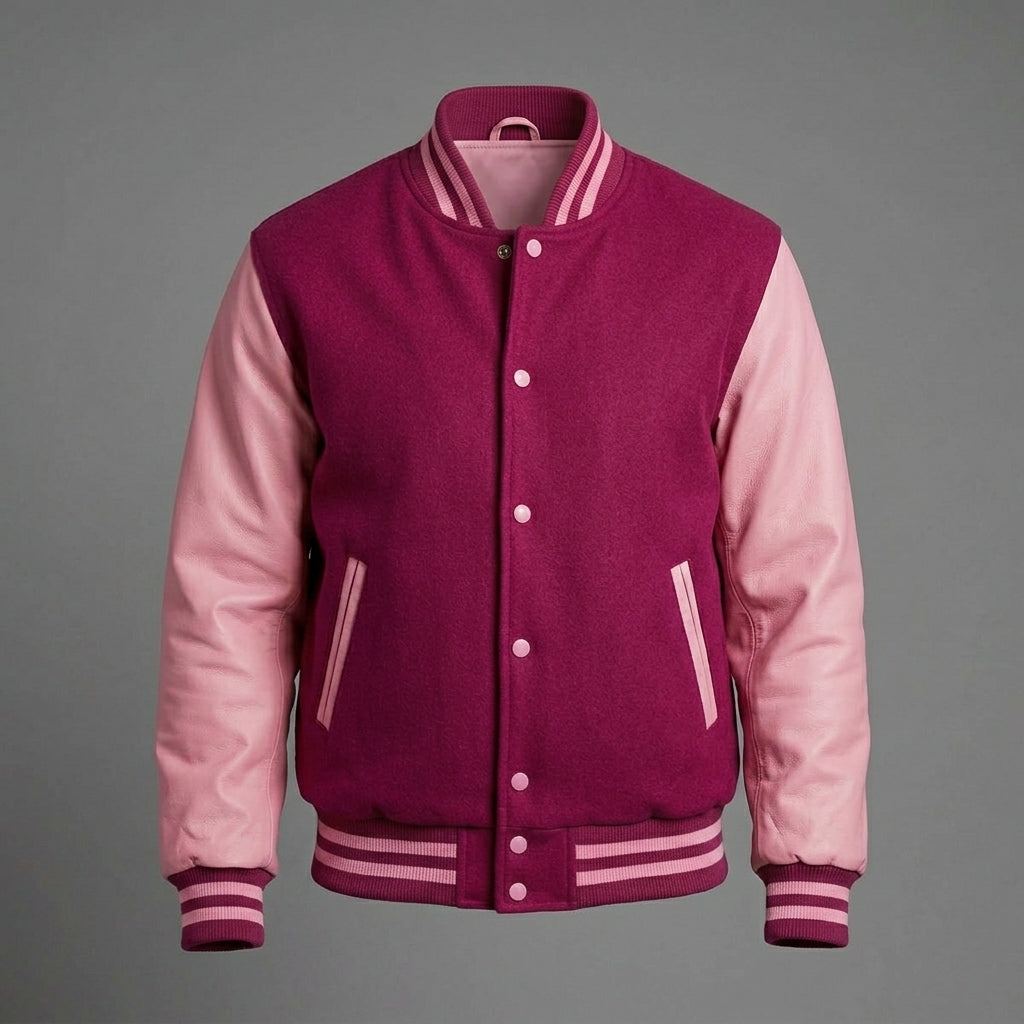 Men’s Burgundy Wool & Pink Leather Letterman Jacket – College Varsity Bomber