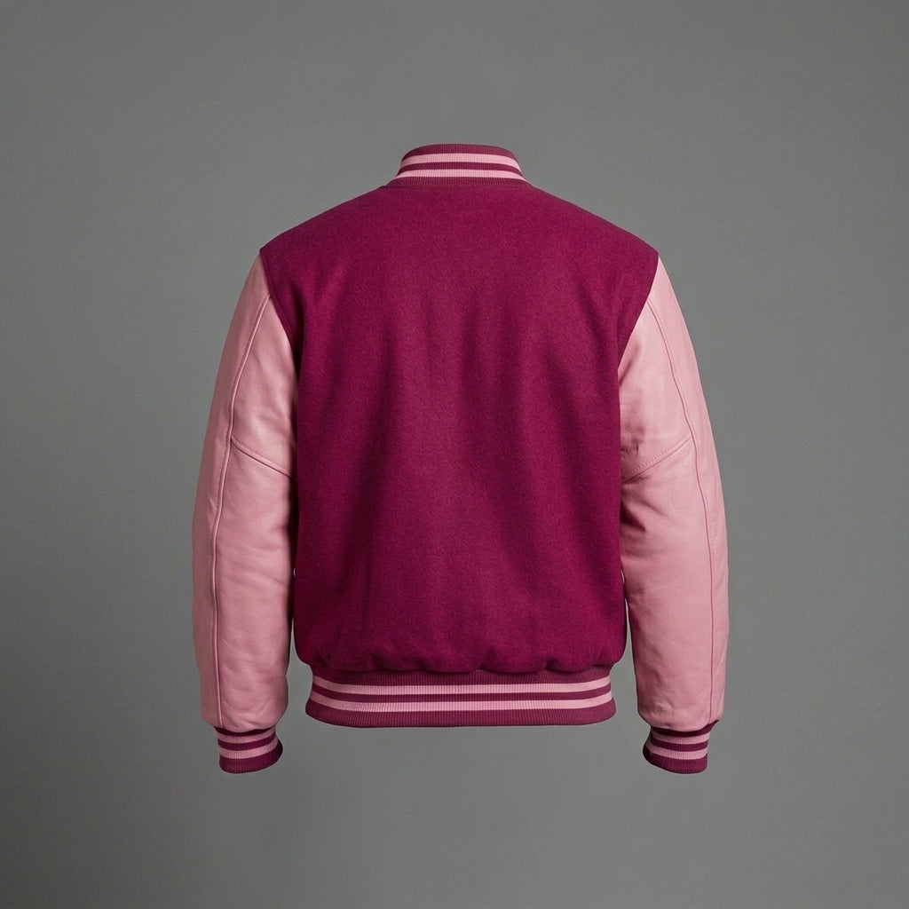 Men’s Burgundy Wool & Pink Leather Letterman Jacket – College Varsity Bomber