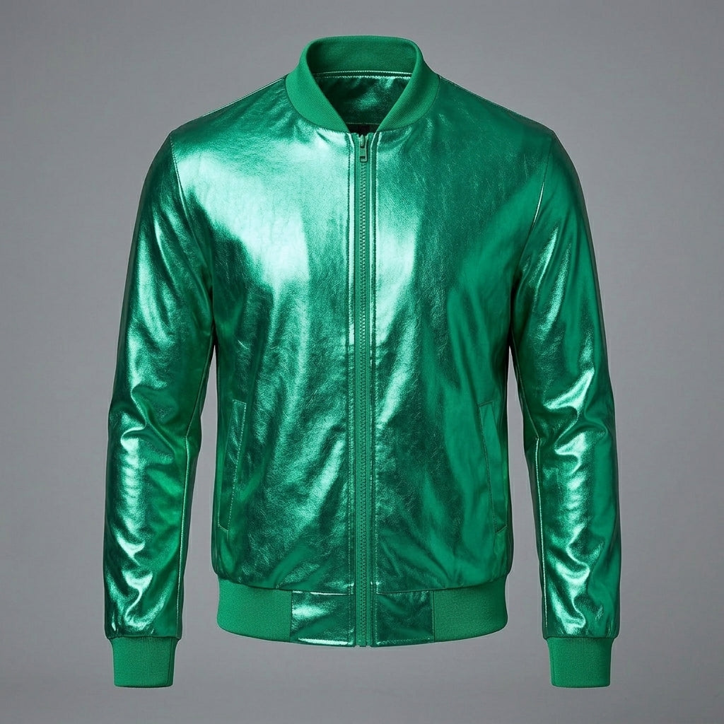 Men’s Green Metallic Varsity Jacket – 70’s Disco Bomber Party Jacket