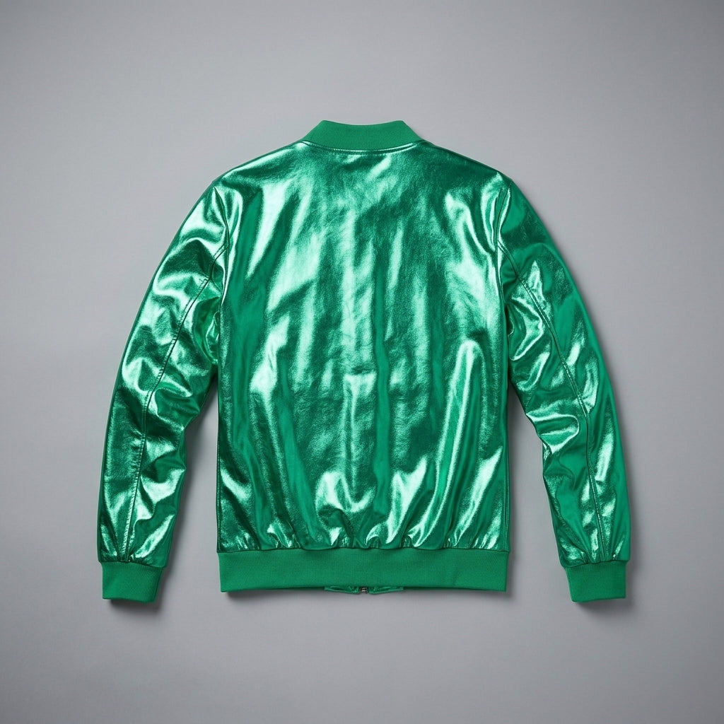 Men’s Green Metallic Varsity Jacket – 70’s Disco Bomber Party Jacket