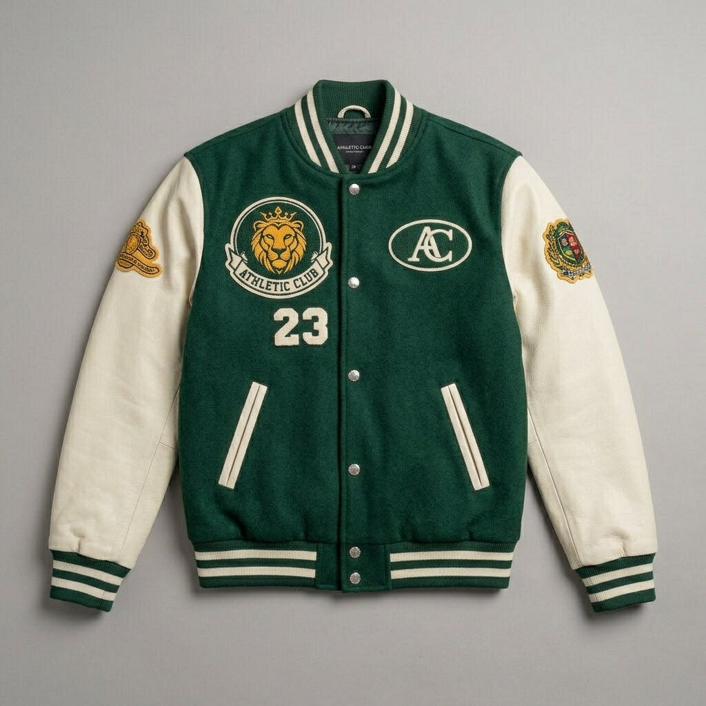 Men’s Green Wool Blend Varsity Jacket – Classic Letterman Bomber