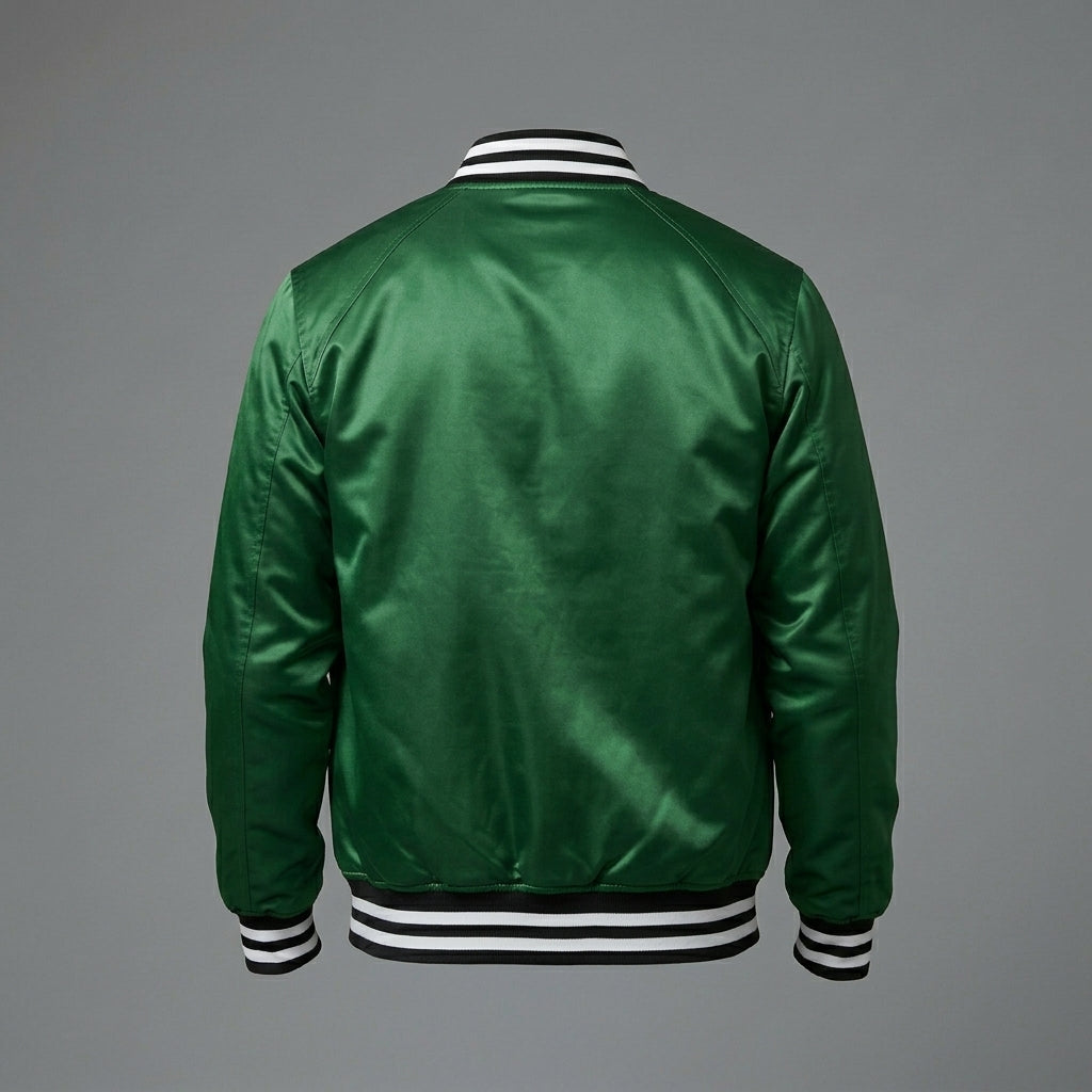 Men’s Green Satin Varsity Jacket – Classic Letterman Bomber