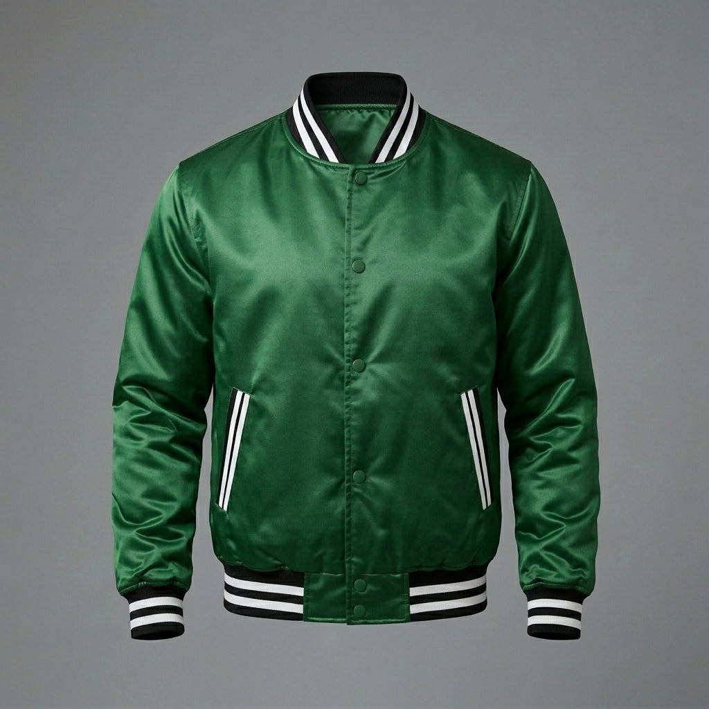 Men’s Green Satin Varsity Jacket – Classic Letterman Bomber