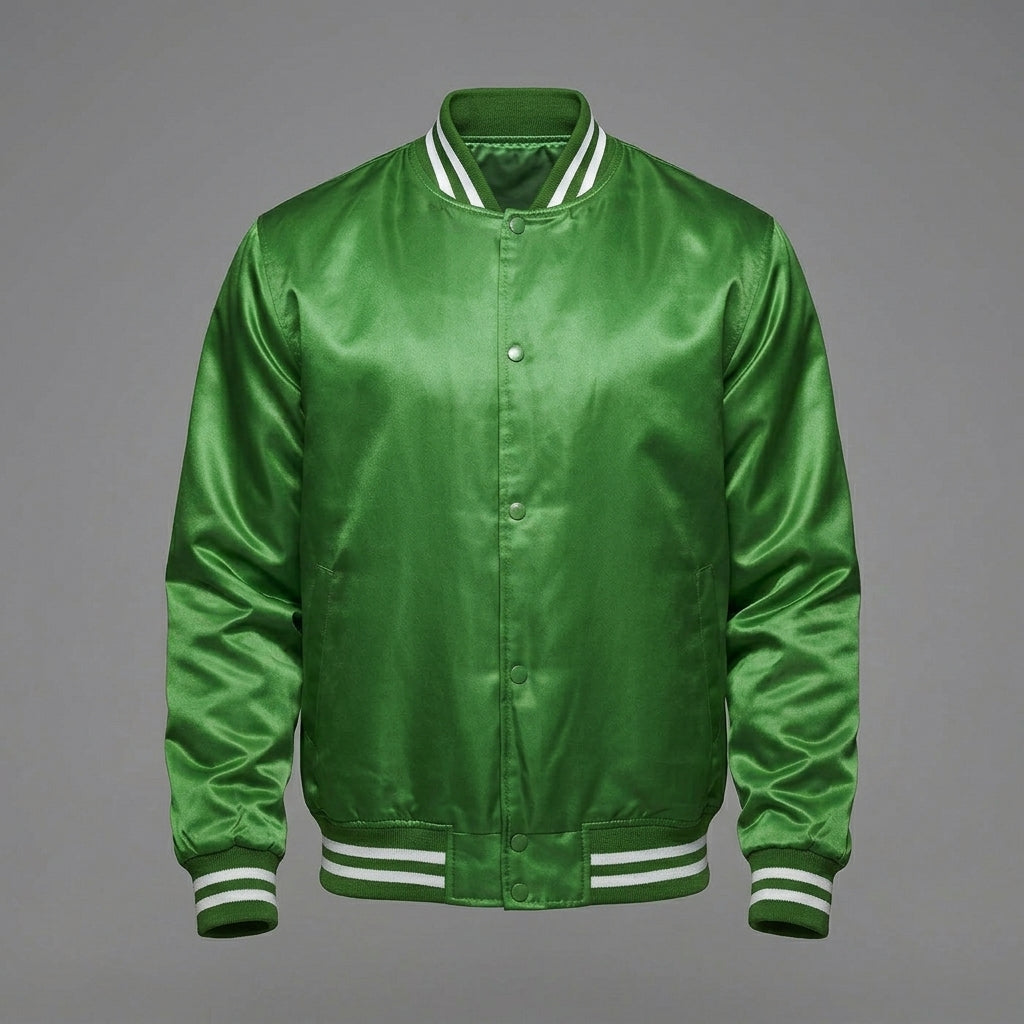 Men’s Satin Polyester Varsity Jacket – Retro Zip Casual Bomber