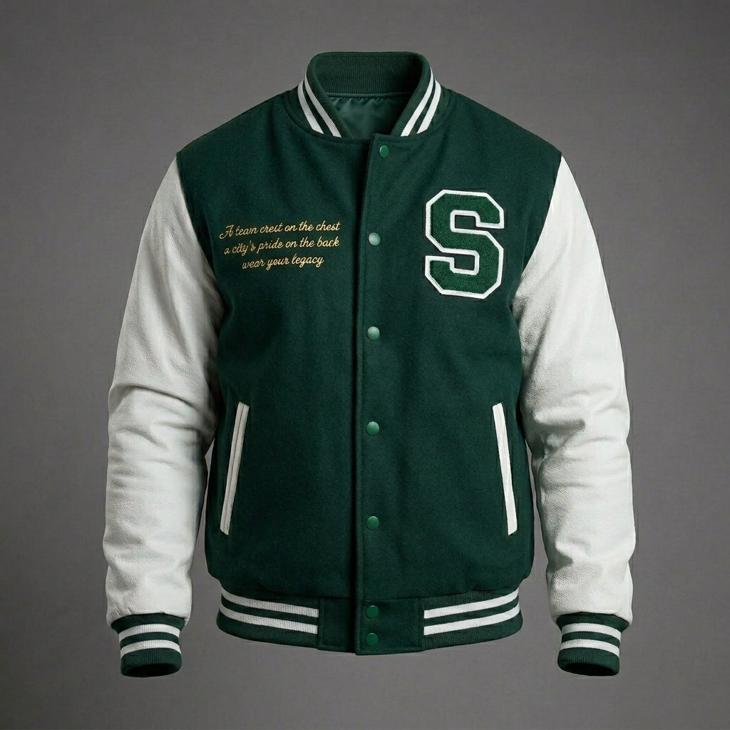 Men’s Green Varsity Jacket – Letter Embroidery & Faux Leather Sleeves
