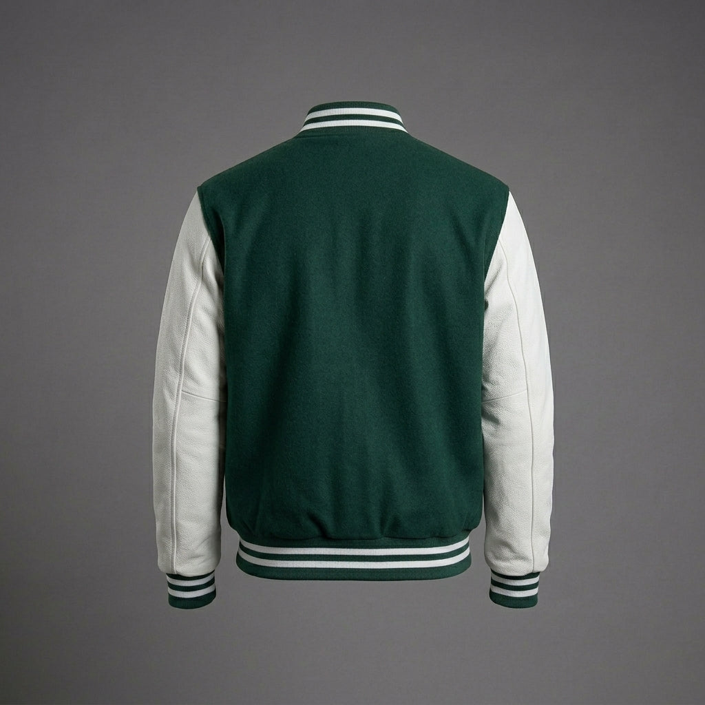 Men’s Green Varsity Jacket – Letter Embroidery & Faux Leather Sleeves