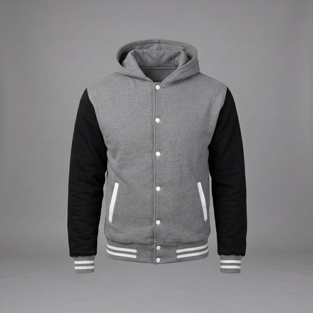 Men’s Grey Hooded Varsity Jacket – Wool Body & Black Sleeve Letterman