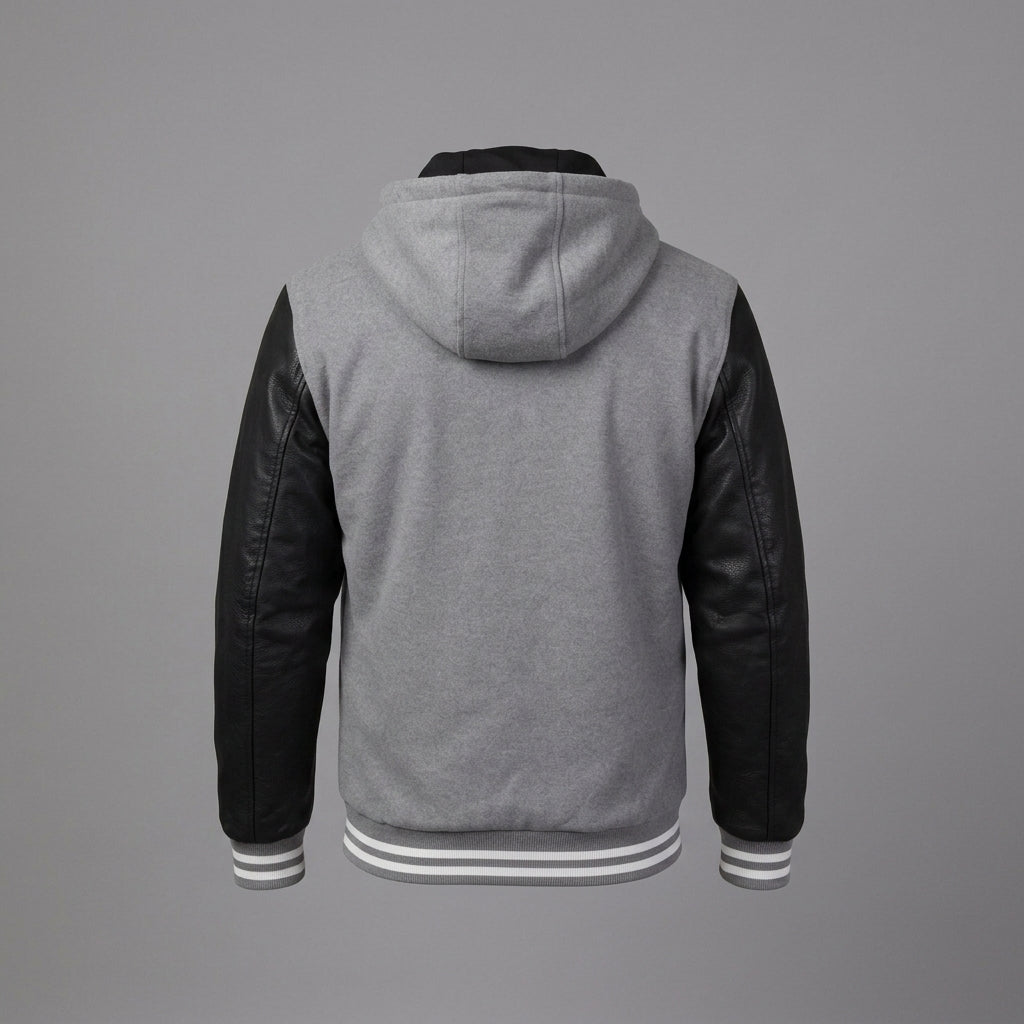 Men’s Grey Hooded Varsity Jacket – Wool Body & Black Sleeve Letterman