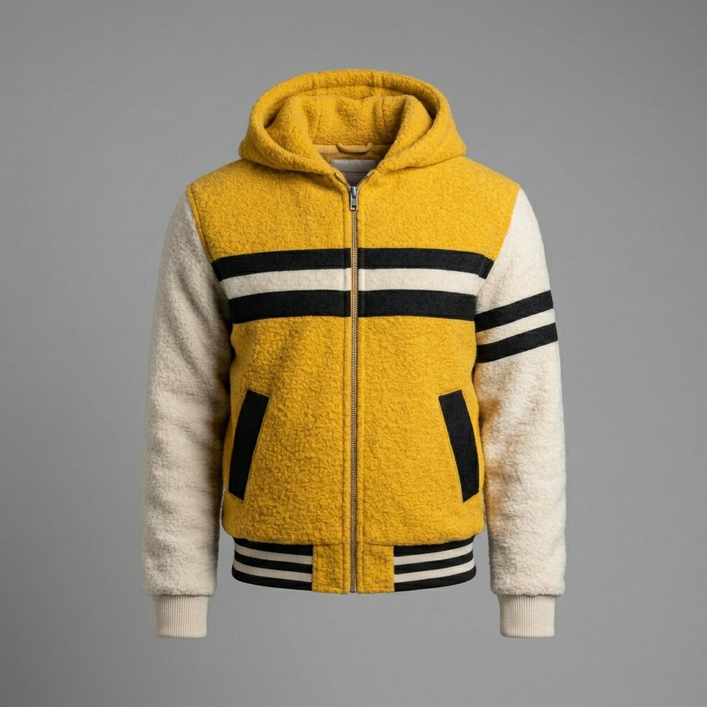 Men’s Yellow & White Hooded Varsity Jacket – Zip-Up Letterman Hoodie