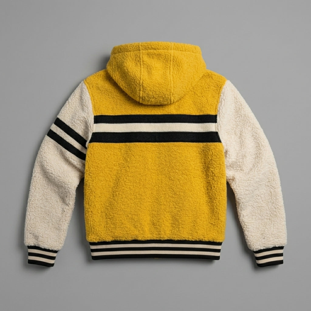 Men’s Yellow & White Hooded Varsity Jacket – Zip-Up Letterman Hoodie
