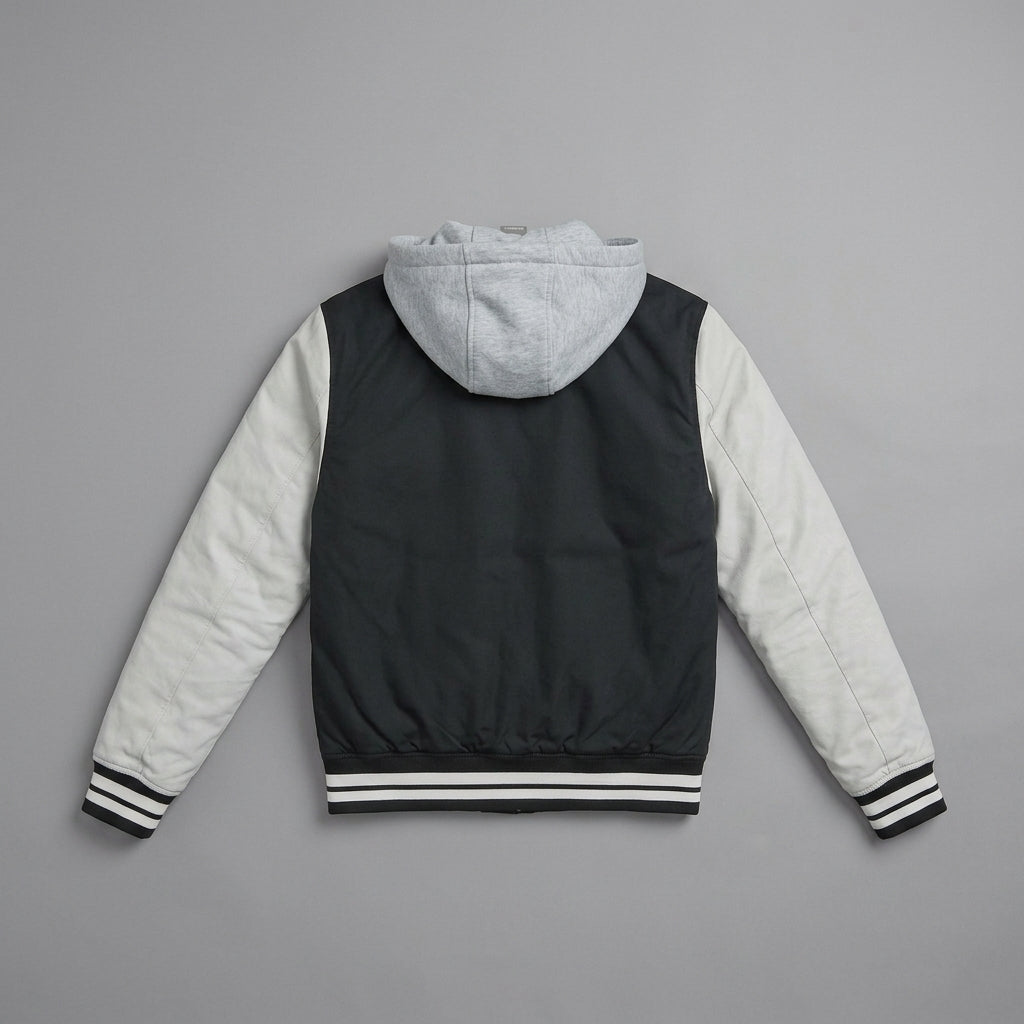 Men’s Black & White Sleeve Hooded Varsity Jacket – Snap Button Letterman Bomber