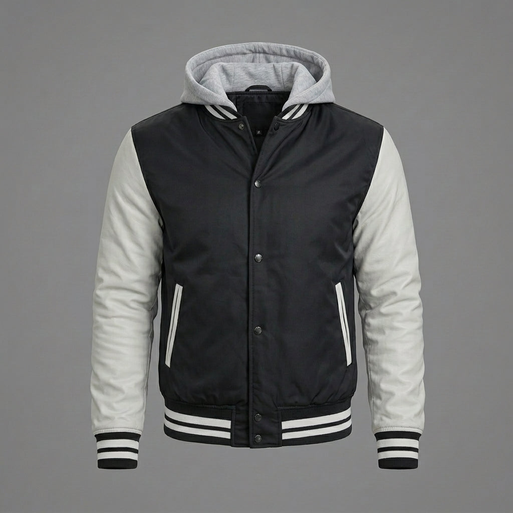 Men’s Black & White Sleeve Hooded Varsity Jacket – Snap Button Letterman Bomber