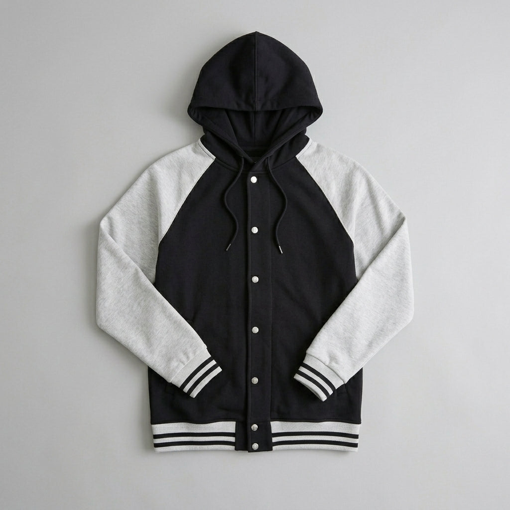 Men’s Black & Grey Hooded Varsity Jacket – Classic Letterman Bomber